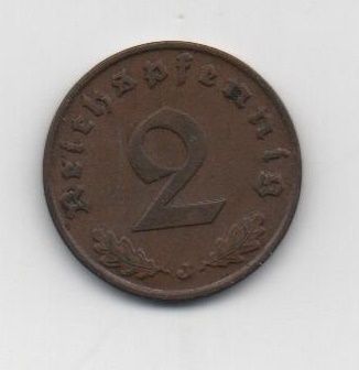 ALEMANIA REICH DEL AÑO 1938 DE 2 REICHSPFENNIG LETRA J